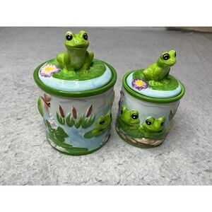Vintage Style Ceramic Frog Pond Canister Set of 2 Cookie Jars 3D Embossed Green